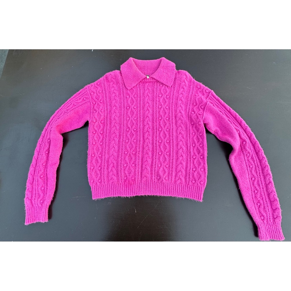 Free People Magenta Pink Cable Knit Polo Collar Bobble Sweater Small